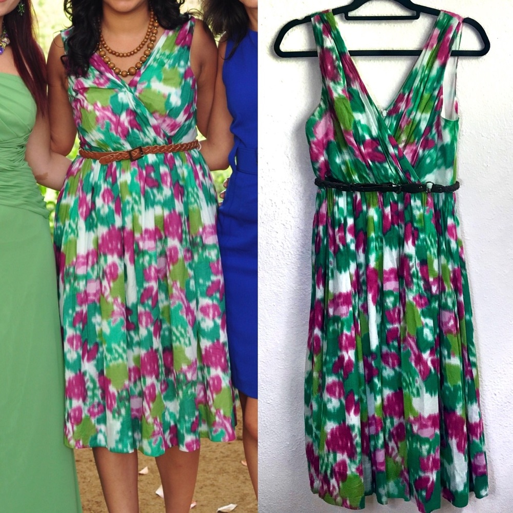 Allen B multicolor green pink v neck midi dress